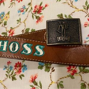 Levi's vintage leather tooled belt with brass saddleman buckle rare